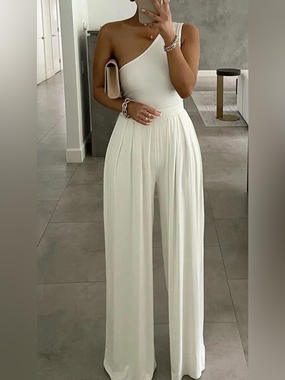 Ivory and black one-shoulder maxi Jumpsuit with Black Script Print